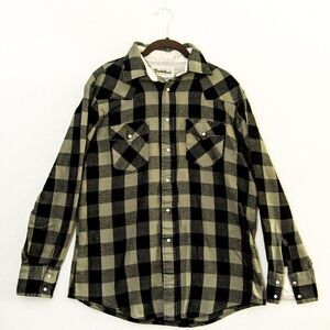 Trails End L Gray Black Plaid Flannel Men's Pearl Snap button down Shirt